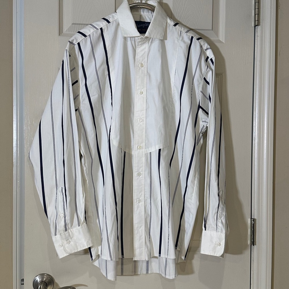 Wrangler Mens Western Striped Button Down Shirt White Navy Blue 16.5-35 L